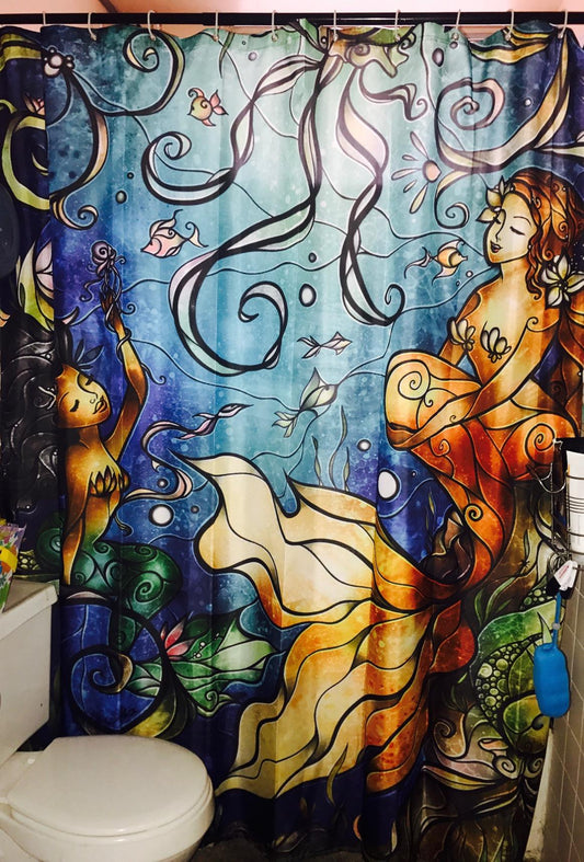 Blue Undersea Cartoon Mermaid Shower Curtain Set - 4 Pcs