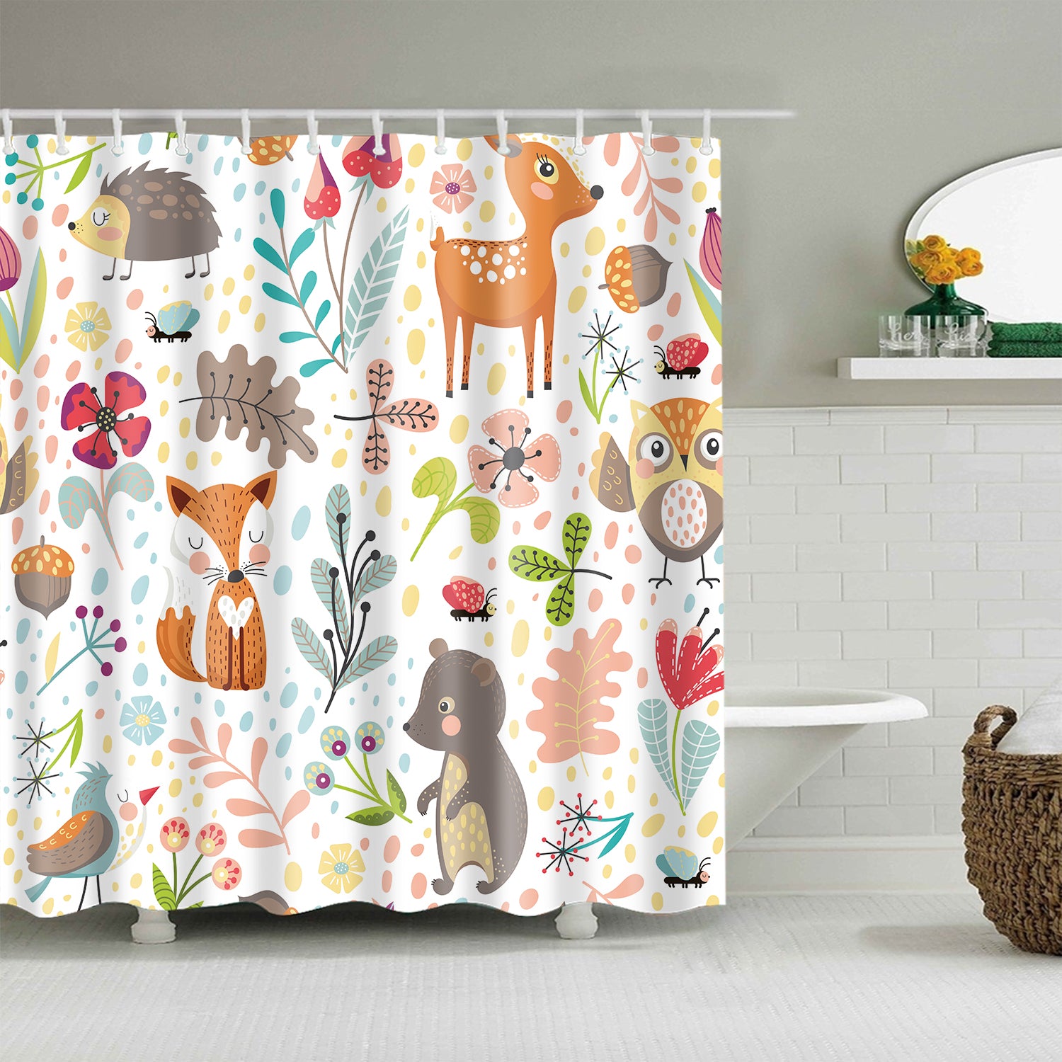 Cartoon Seamless Autumn Forest Animal Fox Deer Shower Curtain