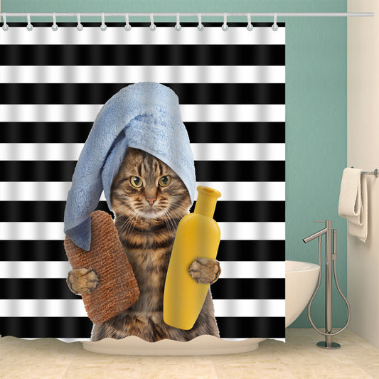 Cat Bathing Time Black Striped Shower Curtain