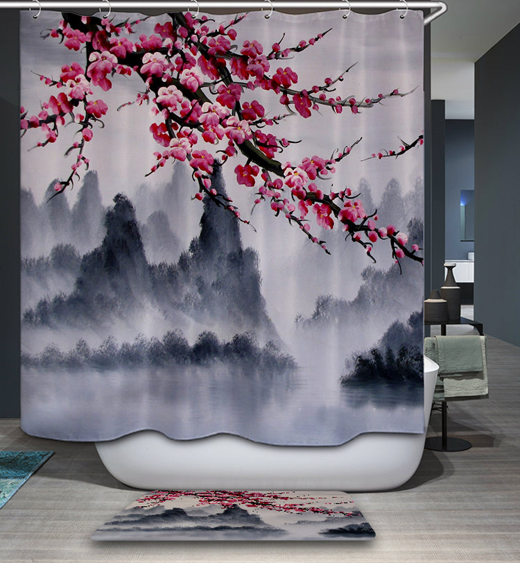 Cherry Blossom Mountain Painting Shower Curtain