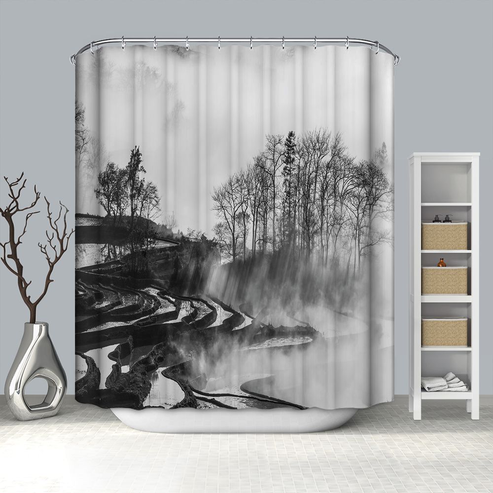 Chinese Landscape Painting Shower Curtain Black Mountain Tree Art