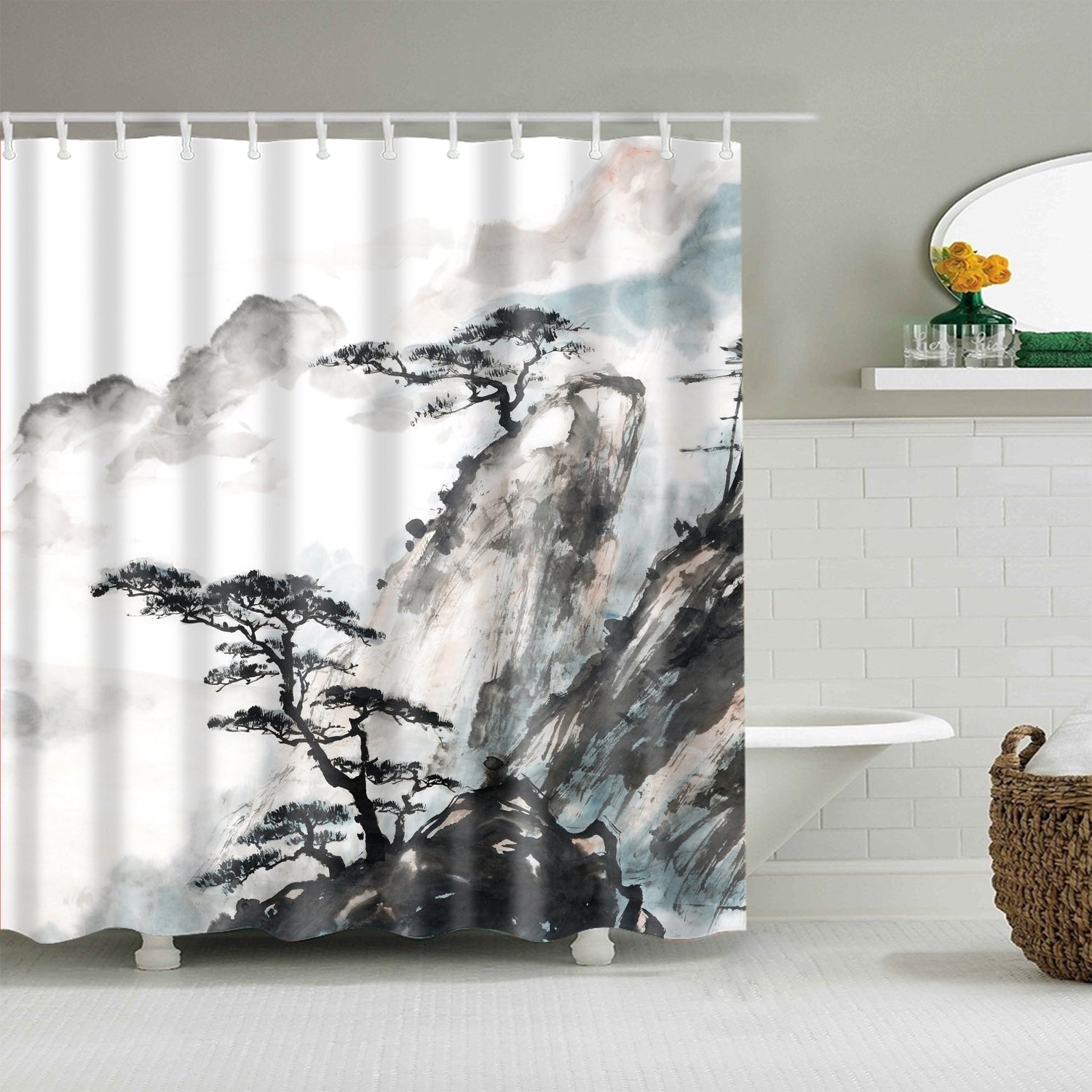 Chinese Landscape Painting Pine Tree Shower Curtain