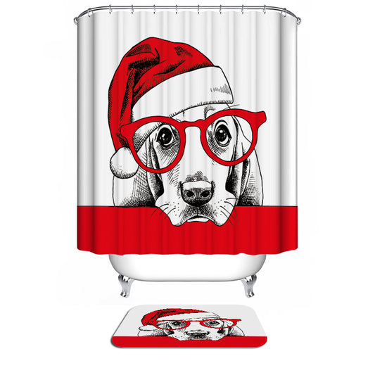 Christmas Red Santa Hat Wearing Glasses Holiday Dog Pet Basset Hound Shower Curtain