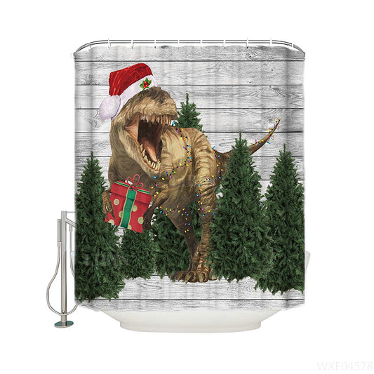 Christmas Tree Barn Door Backdrop T Rex Wearing Santa Hat with Gift Funny Dinosaur Shower Curtain