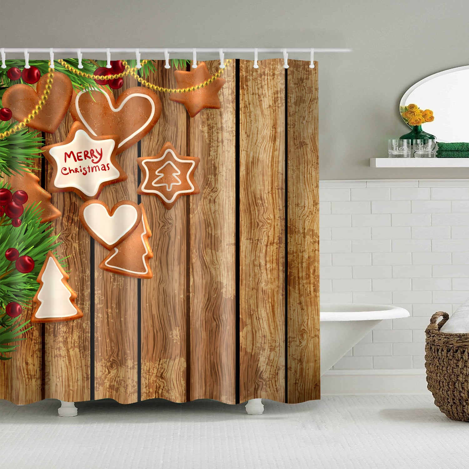Christmas Ornament Behind the Wood Wall Shower Curtain