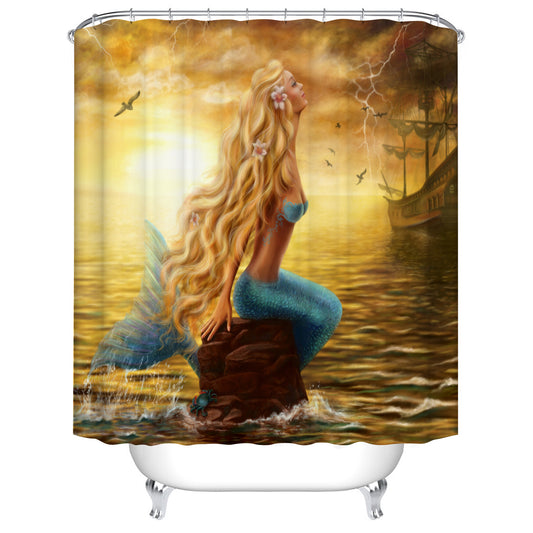 Coastal Sunset Ancient Girly Golden Hair Pirate Ship with Mermaid Shower Curtain