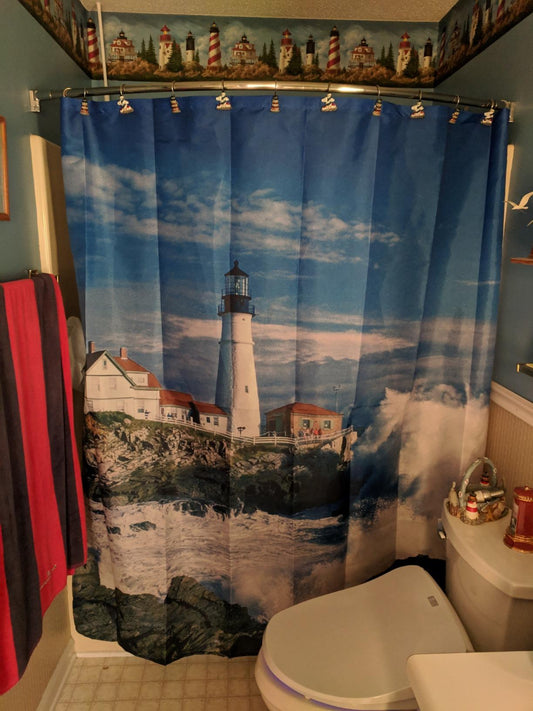Coastal Nautical Lighthouse Blue Sky Shower Curtain