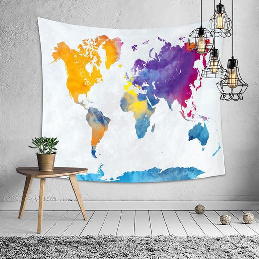 Colorful Watercolor World Map Tapestry