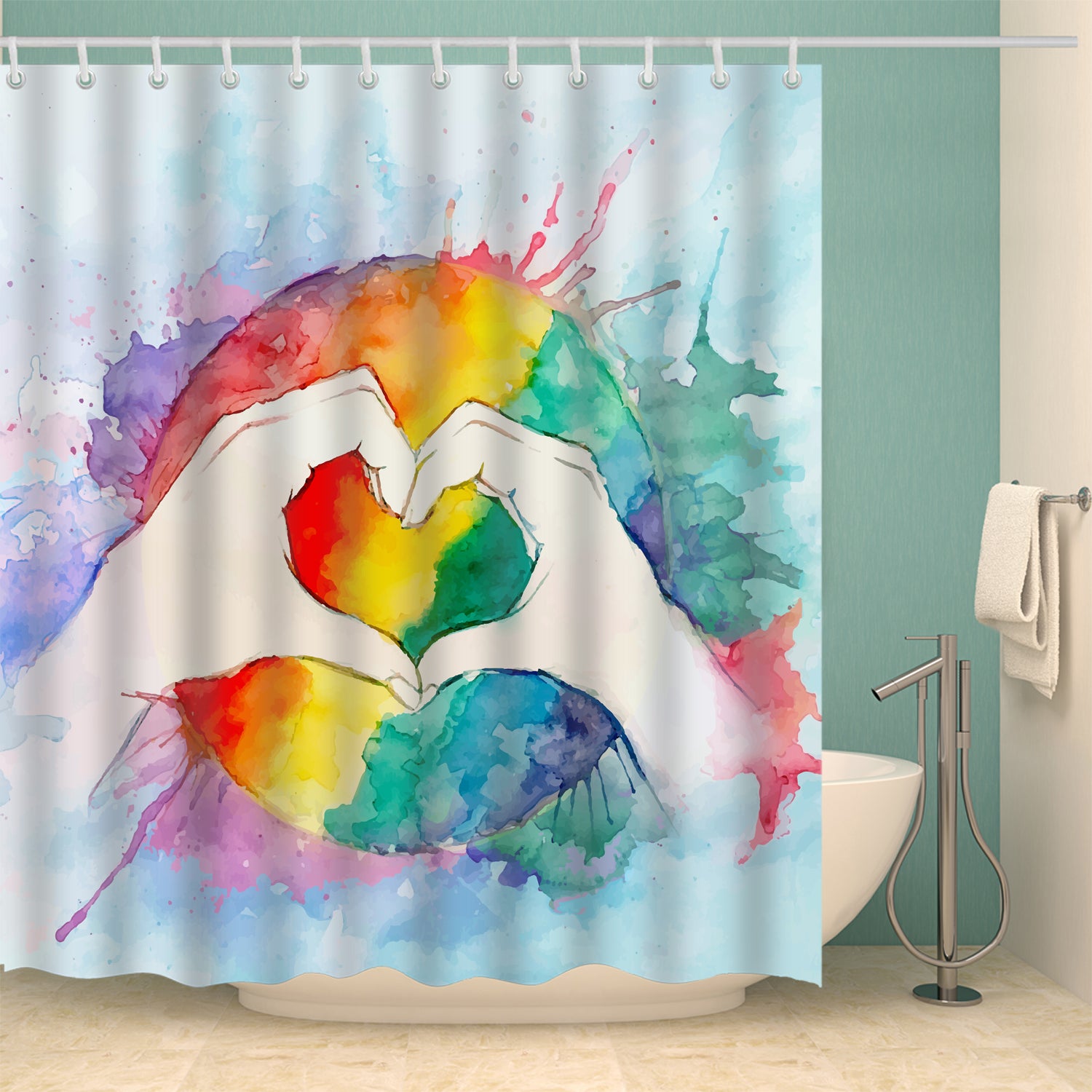 Colorful Painting Backdrop Heart Gesture Shower Curtain