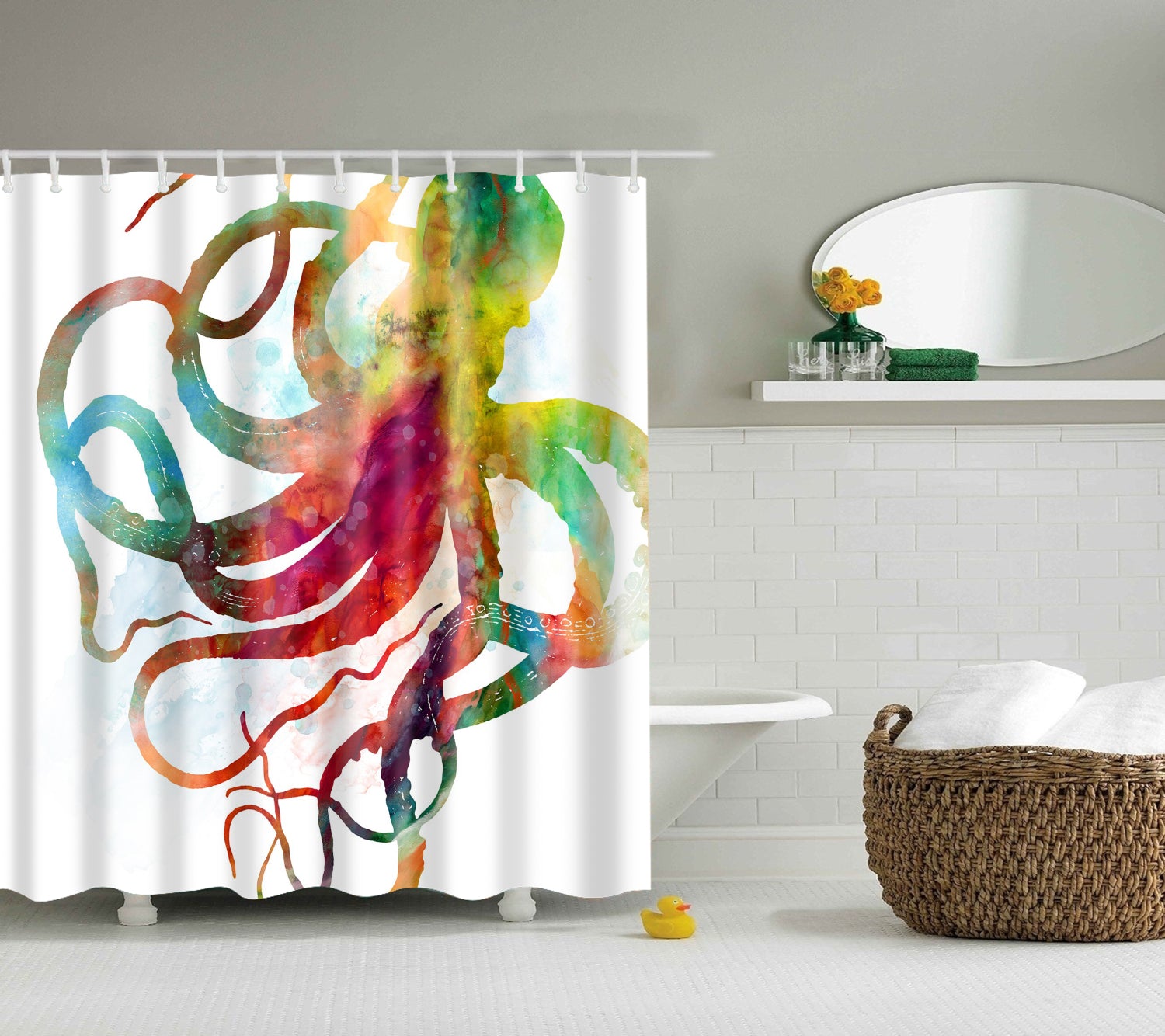 Colorful Watercolor Octopus Shower Curtain
