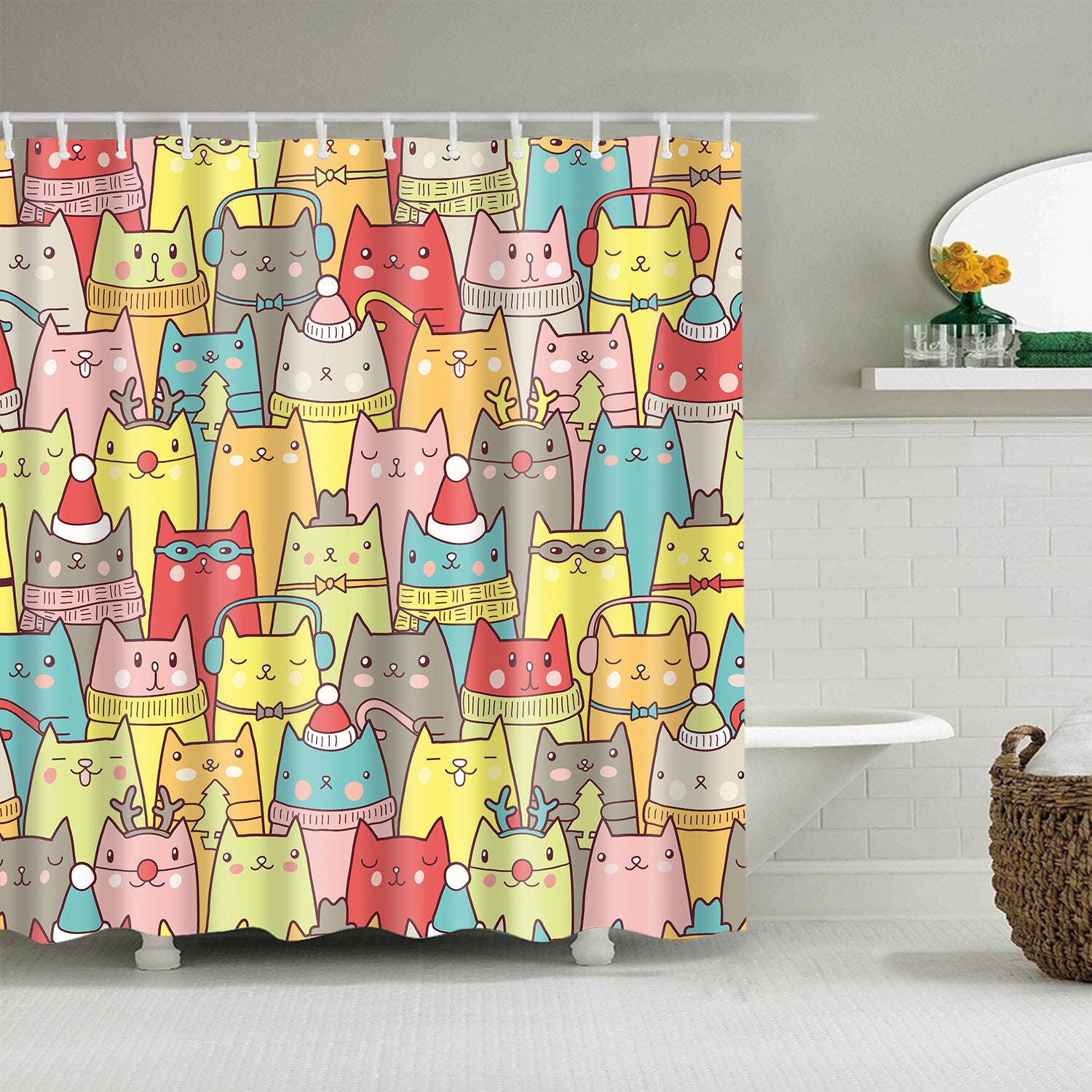 Colorful Winter Cartoon Cat Familty Shower Curtain