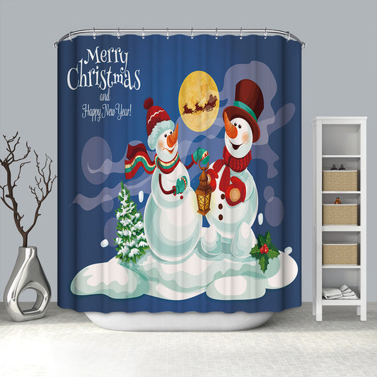 Couple Snowman Playing at Moon Night Shower Curtain