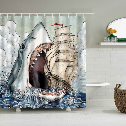 Crazy Shark Attack Swallow Boat Shower Curtain