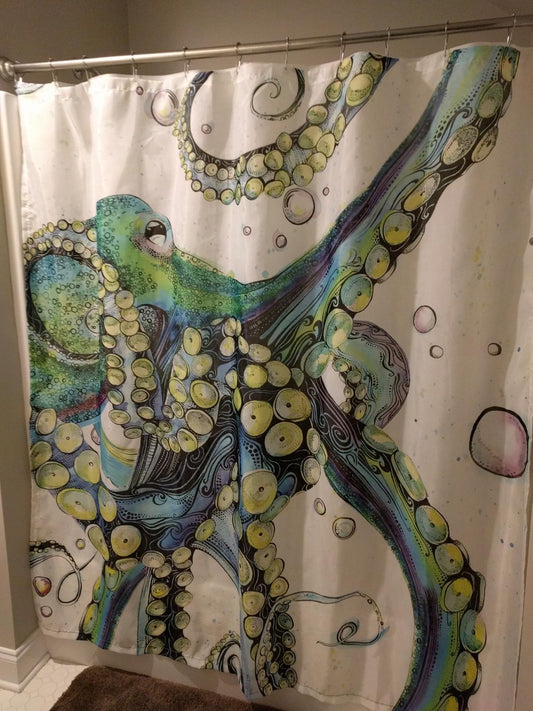 Crazy Tentacle Blue Green Kraken Octopus Shower Curtain Set - 4 Pcs