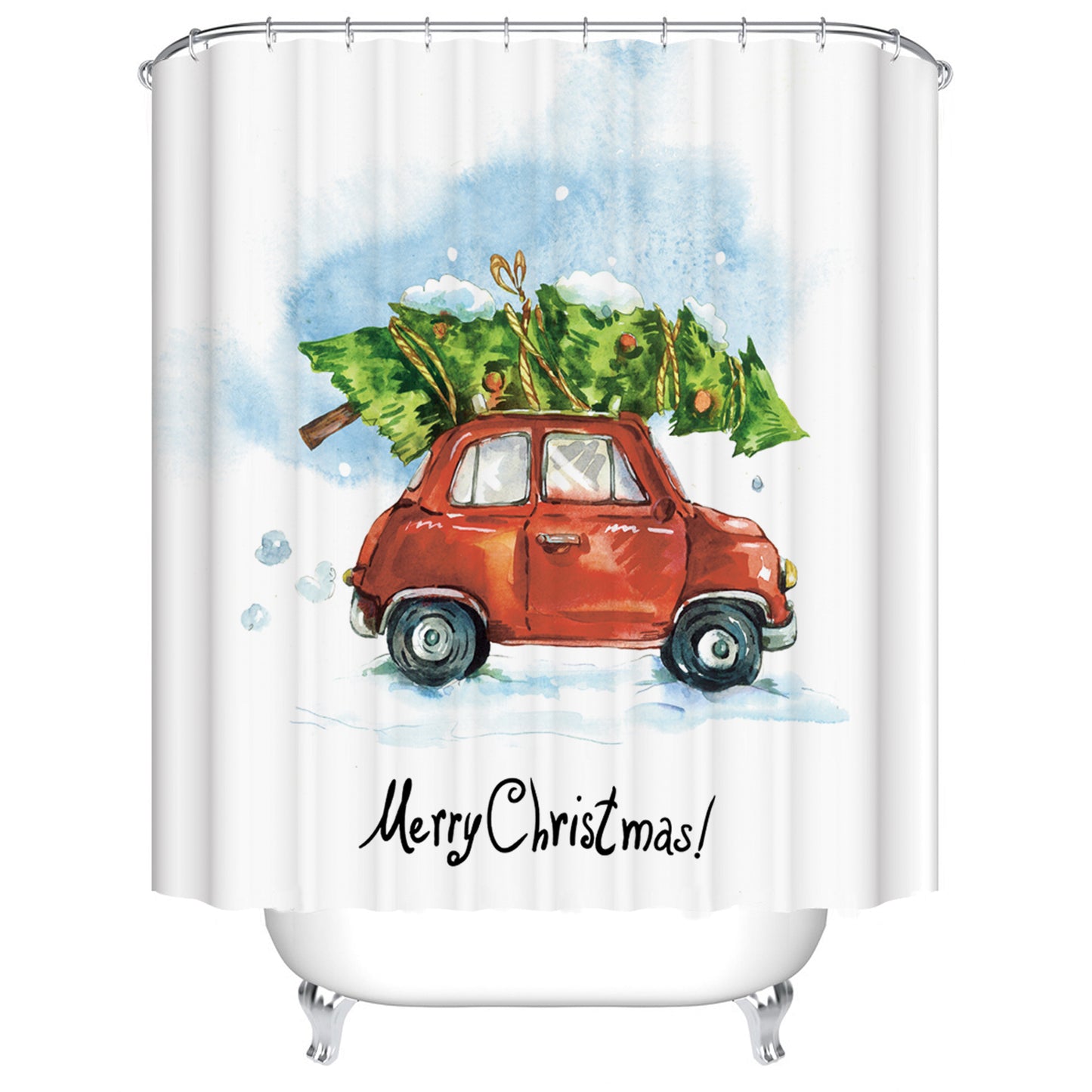 Cute Drawing Christmas Tree Mini Retro Red Car Shower Curtain
