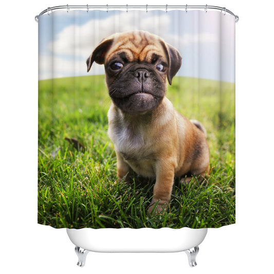 Cute Puppy Pug on Grass Shower Curtain Real Photo Theme