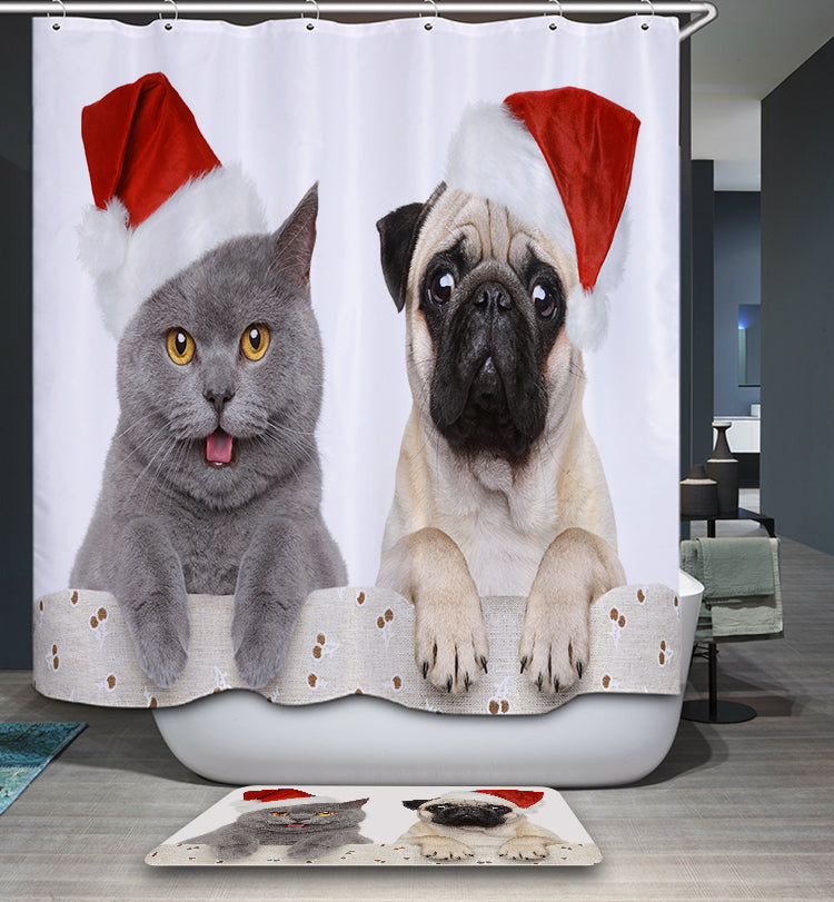 Cute Cat with Puppy Pug Wear Christmas Hat Shower Curtain