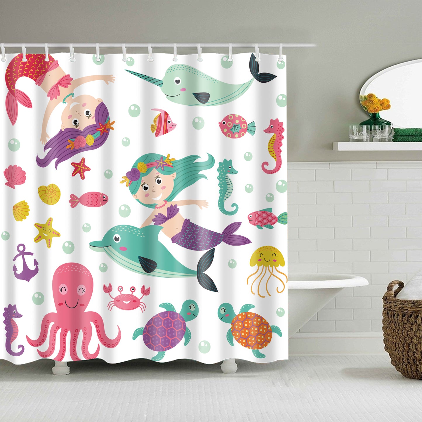 Cute Childhood Little Mermaid Marine Kids Cartoon Shower Curtain