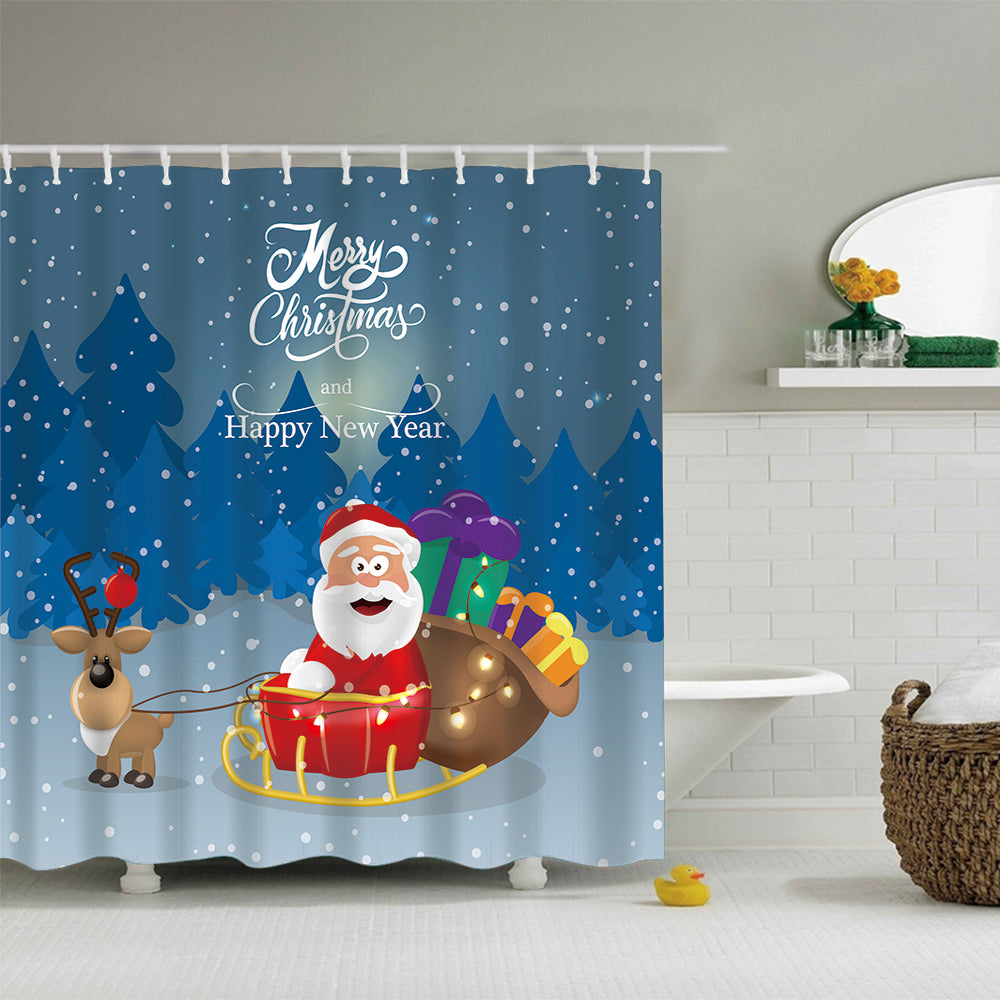 Cute Drawing Reindeer with Santa Sleigh Shower Curtain
