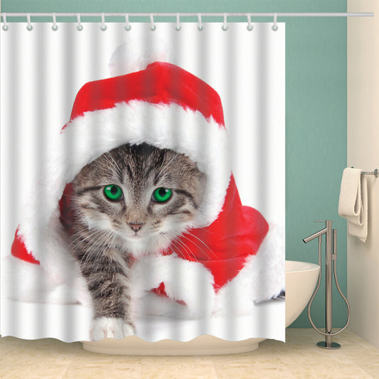 Cat Christmas Santa Hat Shower Curtain
