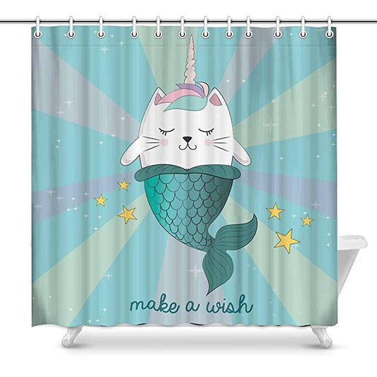 Cute Mermaid Cat Unicorn Make Wish Shower Curtain