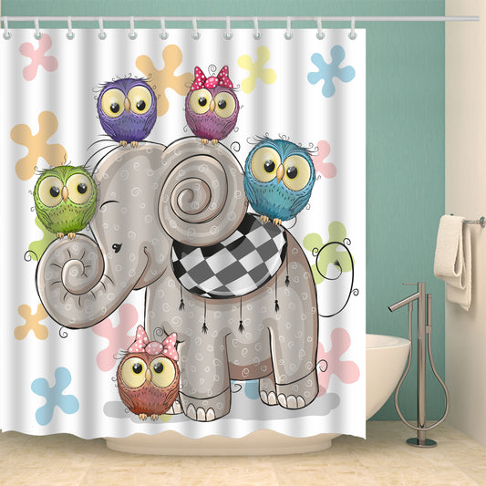 Cute Owls Standing on Elephant Kids Shower Curtain