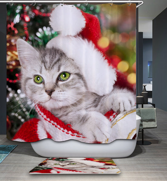 Cute White Kitten with Christmas Hat Shower Curtain