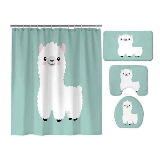 Mint Green Cute Cartoon Llama Shower Curtain Set - 4 Pcs