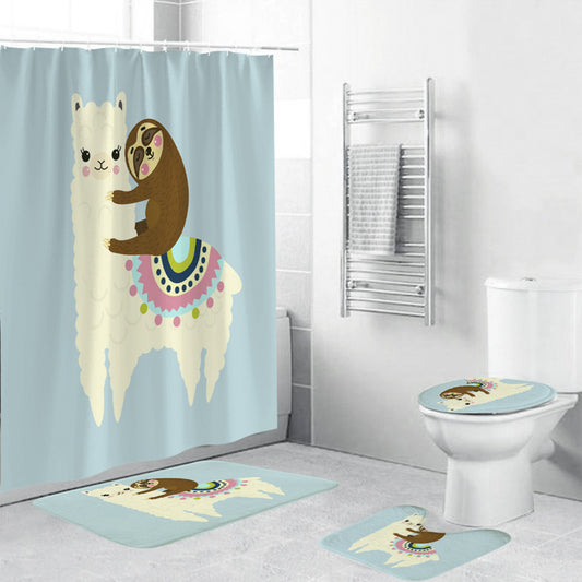 Cute Sloth Sleeping Alpaca Llama Shower Curtain Set - 4 Pcs