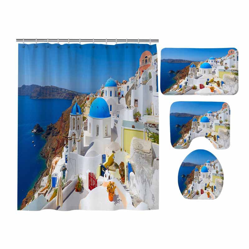 Greece Country Aegean Sea Santorini Scenery Shower Curtain Set - 4 Pcs