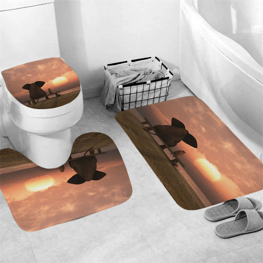 Elephant with Dog Sunset Ocean Animal Friendship Shower Curtain Set - 4 Pcs