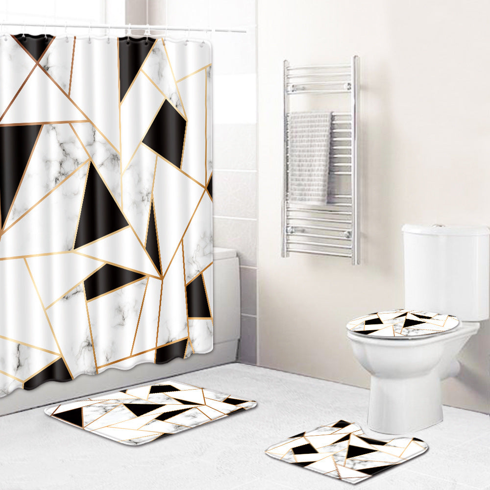 Golden Line Triangles Black White Marble Tiles Shower Curtain Set - 4 Pcs
