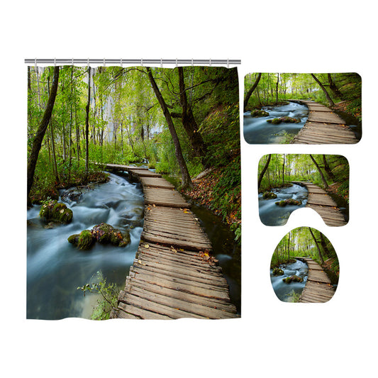 Green Forest Wooden Path Across River Shower Curtain Set - 4 Pcs