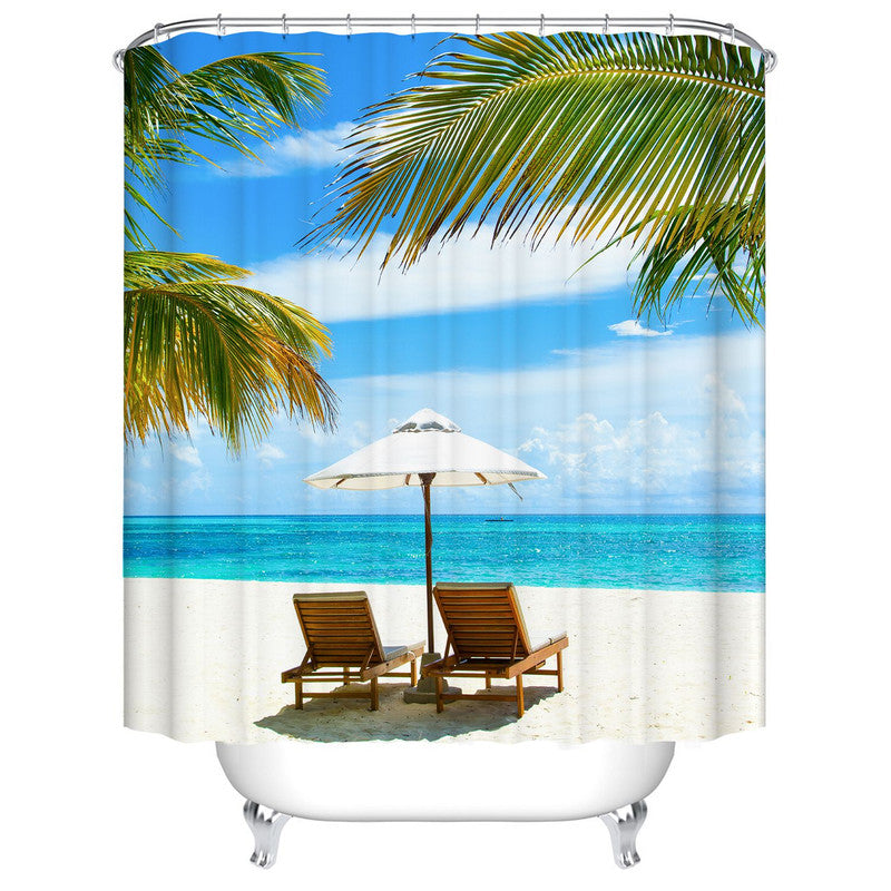 Island Beach Chair with Umbrella Shower Curtain with Palm Tree