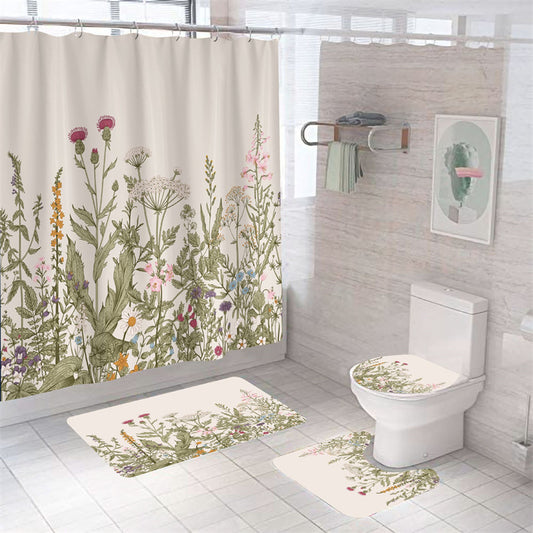 Retro Flowers Britain Wildflowers Shower Curtain Set - 4 Pcs