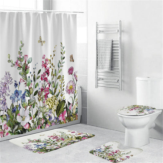 Butterfly with Herb Leaves Wildflower Shower Curtain Set - 4 Pcs