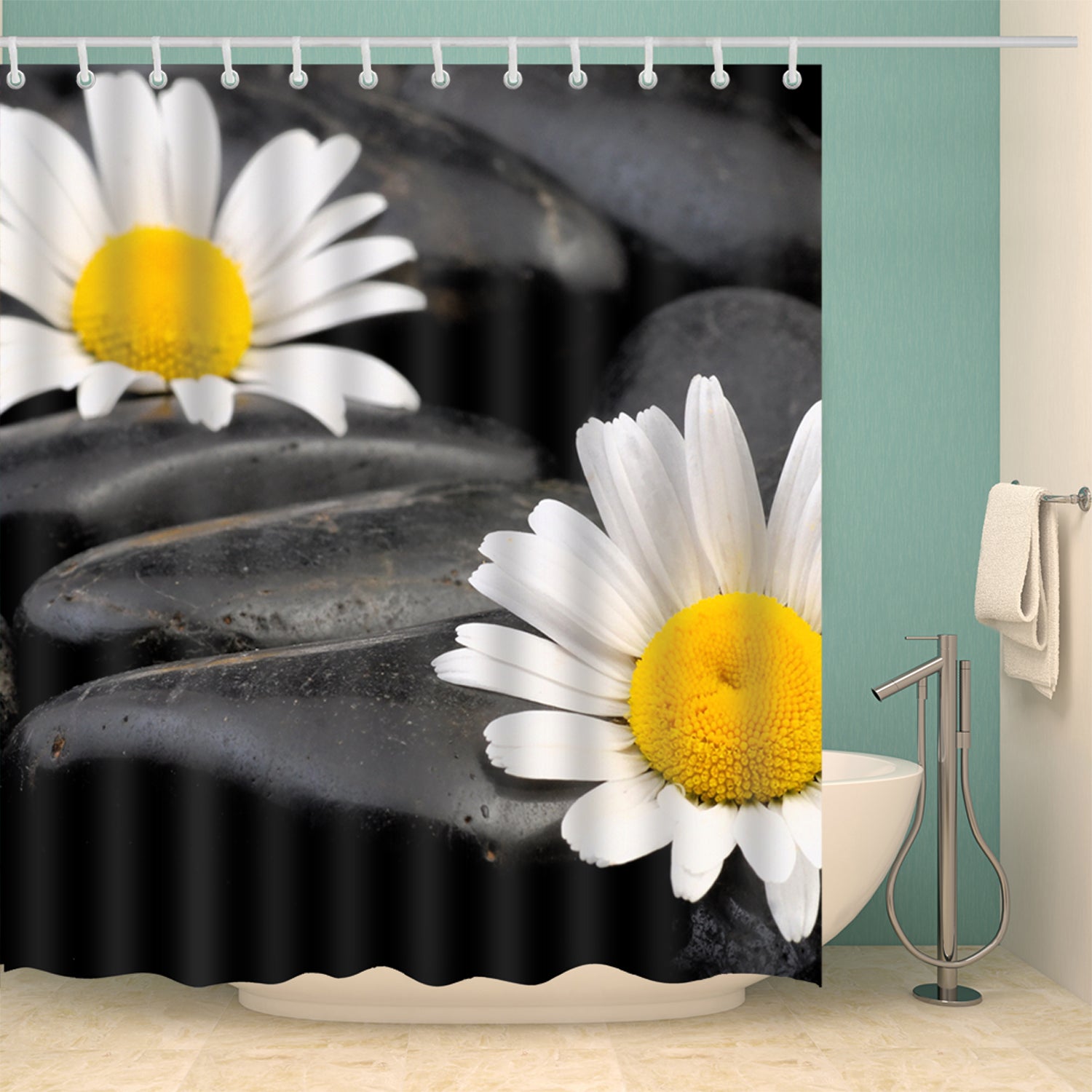 Daisies Flowers Rocks Water Shower Curtain