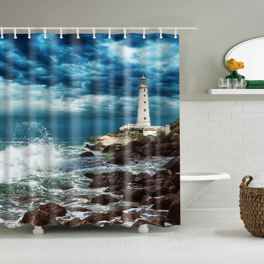 Dark Clouds Sky Beach Coast Lighthouse Shower Curtain