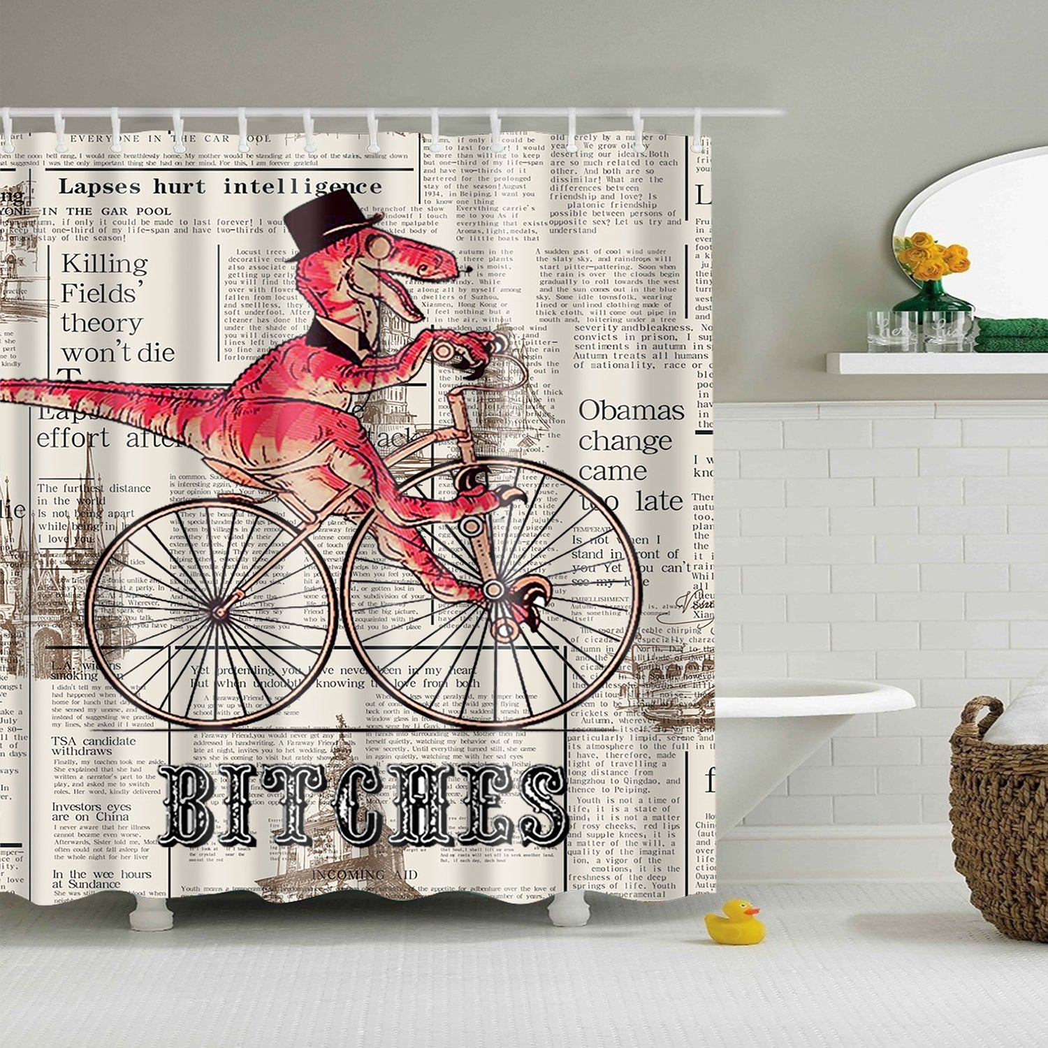Dinosaur Ride Bike Newspaper Shower Curtain | GoJeek