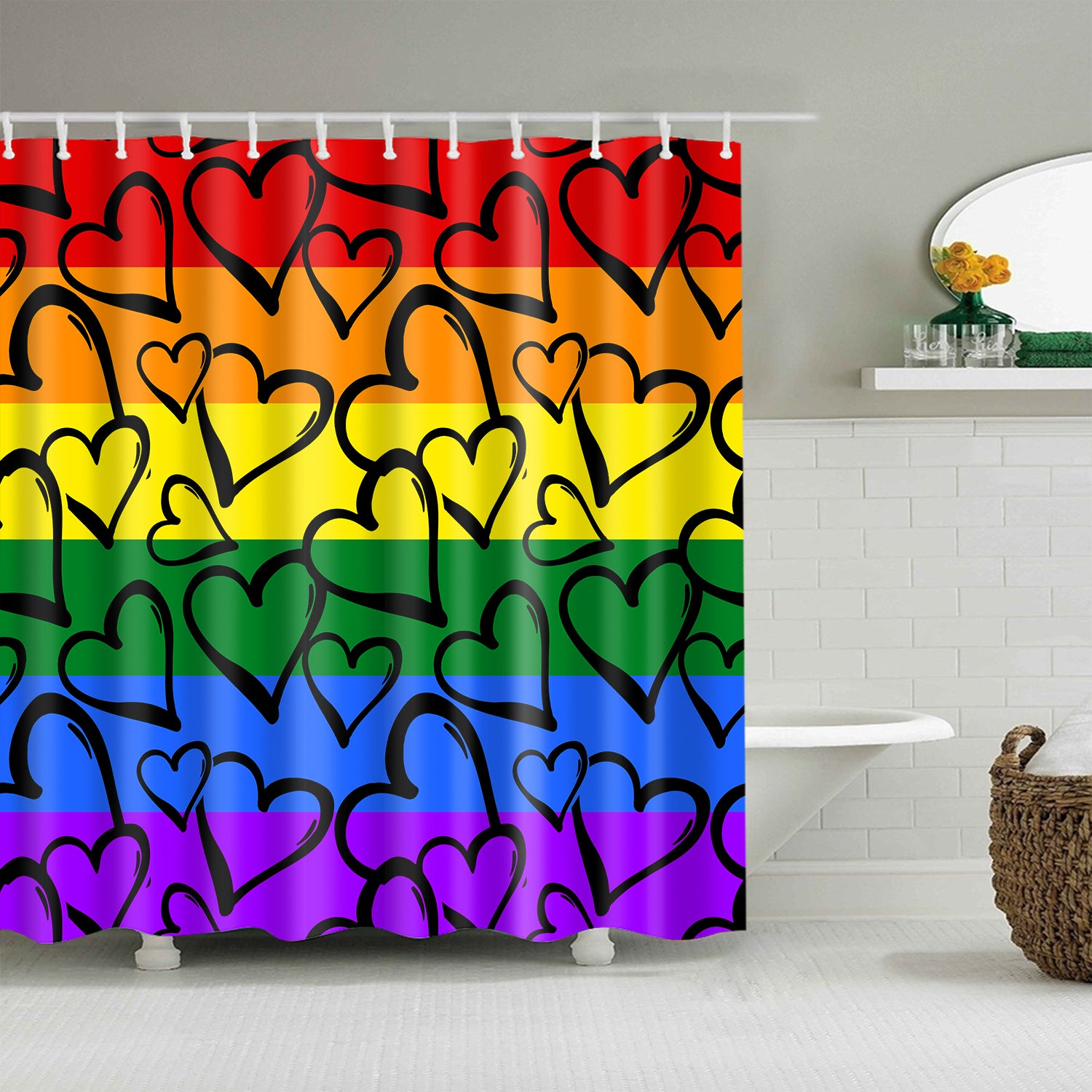 Doodle Grunge Style Gay Pride Rainbow Colored Hearts Shower Curtain