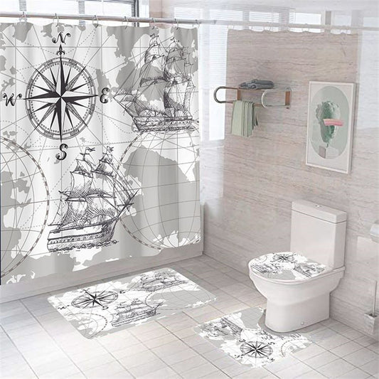 Compass and Sailing Ship Nautical Sea Map Shower Curtain Set - 4 Pcs