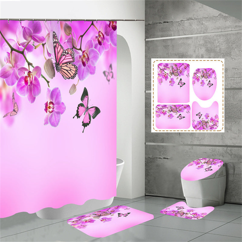 Spring Orchid Flowers Flutter Purple Butterfly Shower Curtain Set - 4 Pcs
