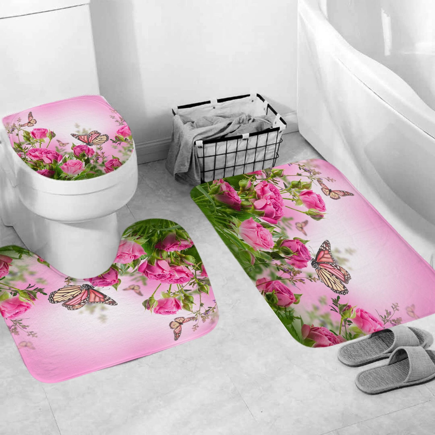 Lush Pink Rose Blossom Monarch Butterfly Shower Curtain Set - 4 Pcs