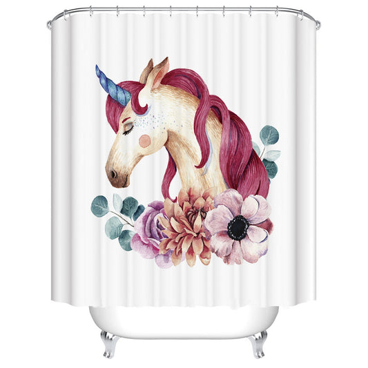 Elegant Girly Watercolor Green Leaves with Floral Unicorn Shower Curtain
