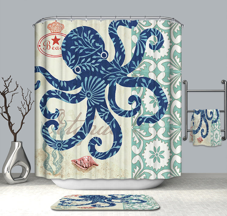 Elegant Floral Aquatic Pattern Backdrop Unique Blue Octopus Shower Curtain