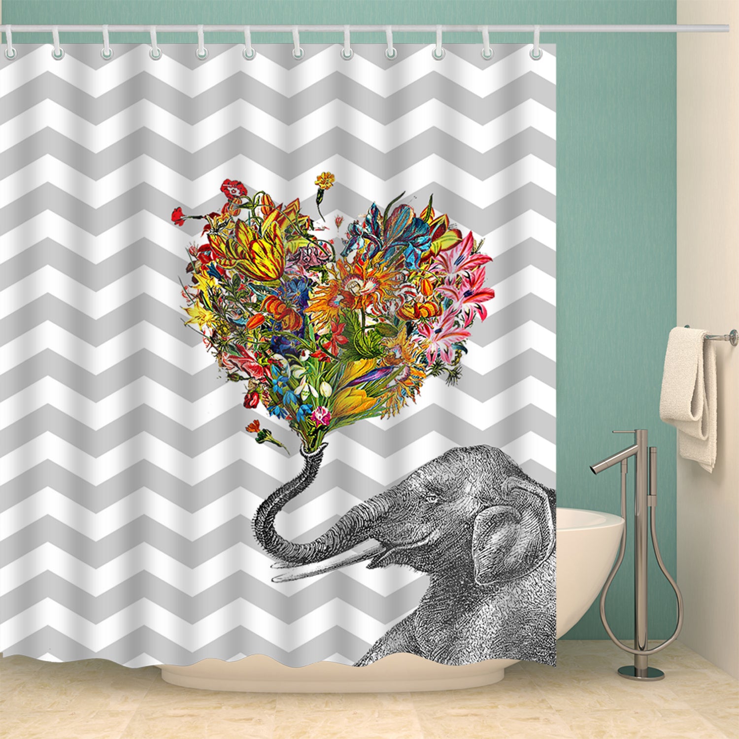 Elephant Spray Heart Shaped Flower Shower Curtain