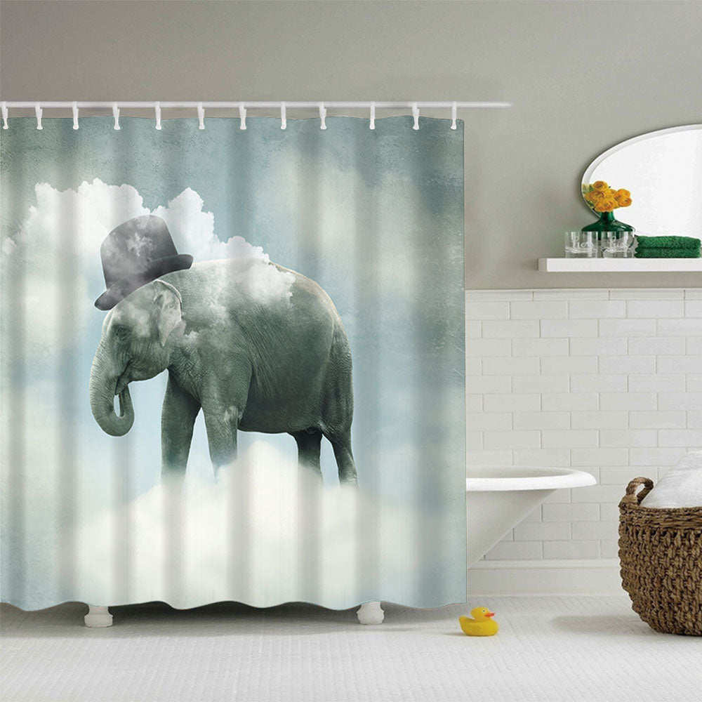 Elephant on Clouds with Gentleman Hat Blue Sky Surreal Art Animals Flying Elephant Shower Curtain
