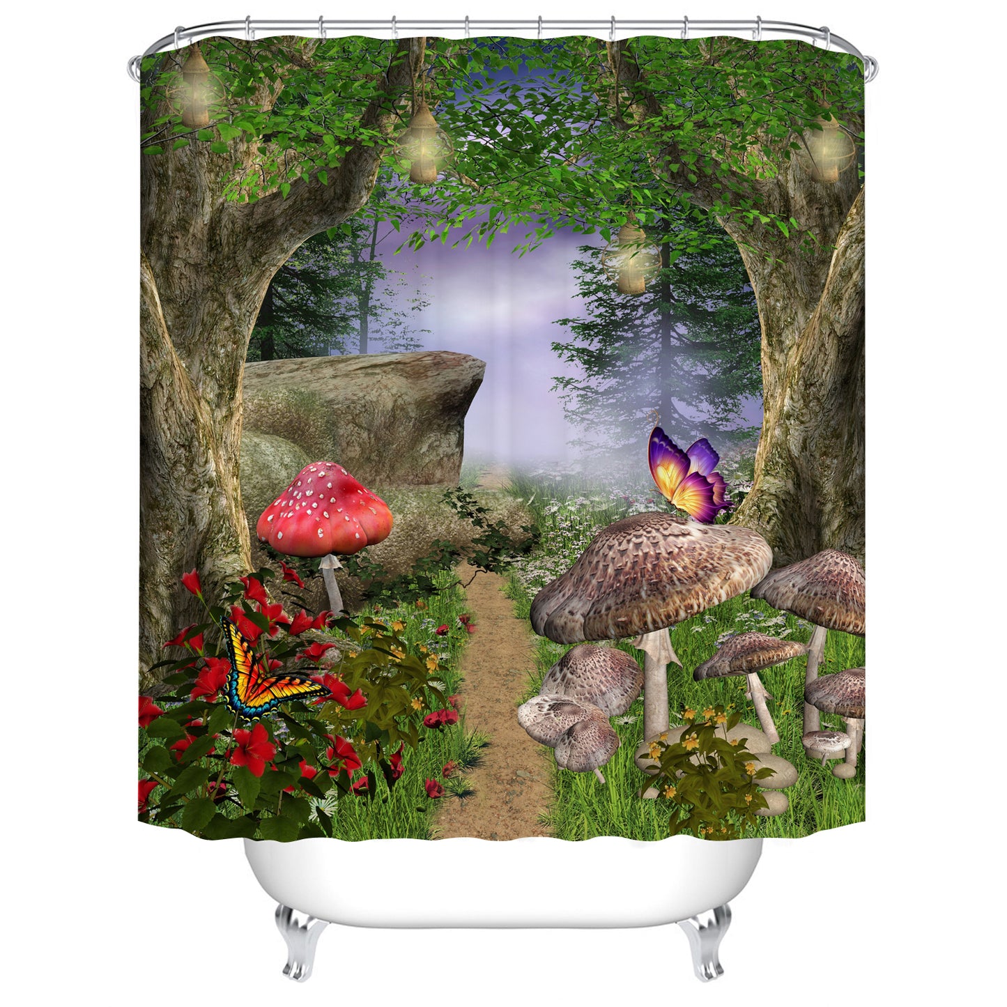 Enchanted Forest Pathway Butterfly with Mushroom Shower Curtain