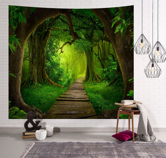 Enchanted Night Forest Green Trees Plank Road Tapestry