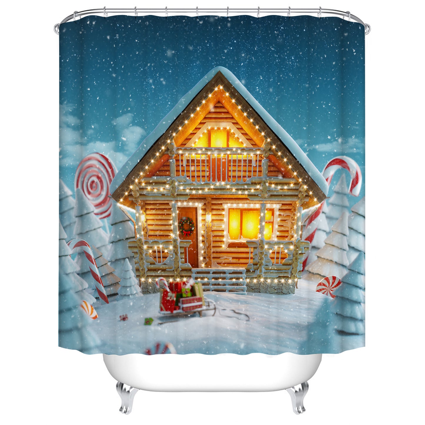 Enchanting Fairytale Cabin Gingerbread House Decorated of Christmas Lights Gingerbread Shower Curtain